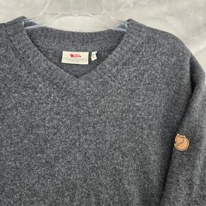 Fjallraven Wool Ovik V-Neck Sweater Mens XL Charcoal Wool Elbow Patch